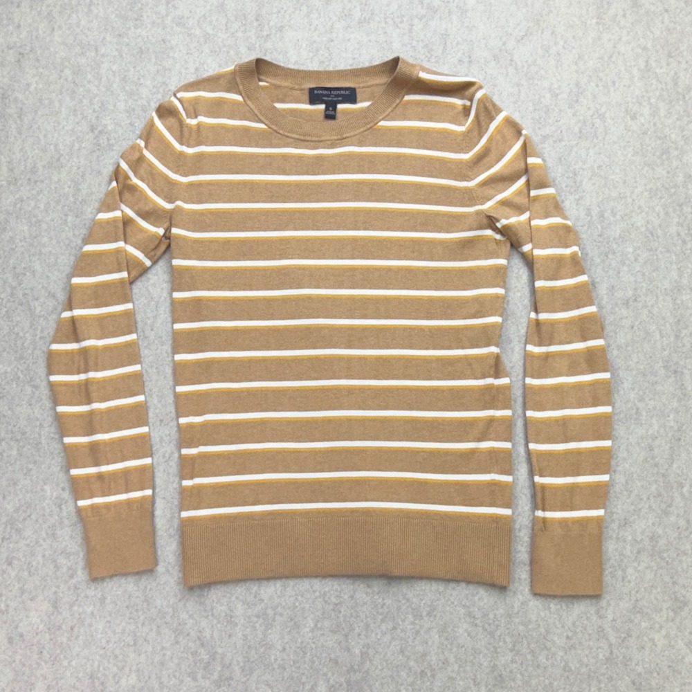 Banana Republic Sweater Womens S Tan Striped Crewneck Old Money Preppy Academia